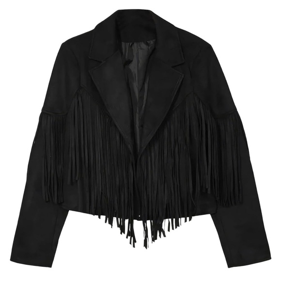 Elegant Black Fringe Leather Jacket - Picture 1 of 5